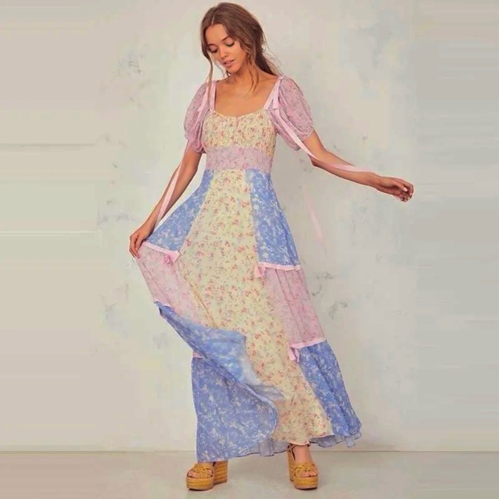 LOVESHACKFANCY Jessie ‘Inspired’ Patchwork Floral Print Midi Dress 🌻🩵🌸